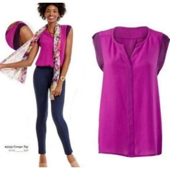 Cabi Campo Top Magenta Pink Notched V neck Mesh Cap Sleeves Small - Picture 1 of 5